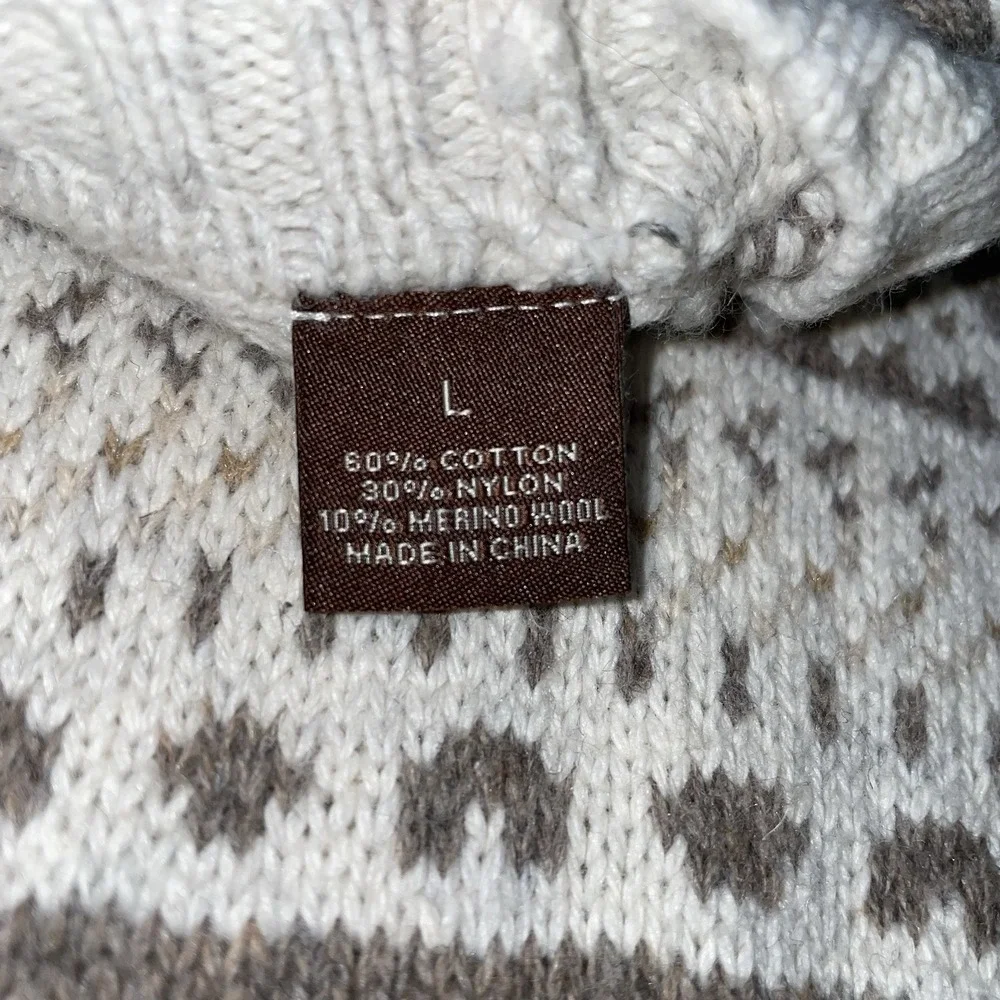 Perry Ellis Women‎ Fair Isle Crewneck Sweater Cotton Merino Wool Tan Cream Large